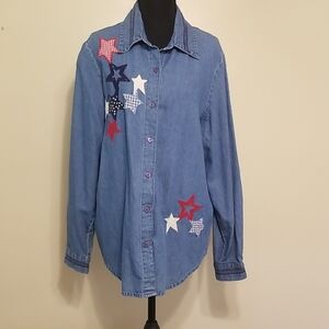 Vintage American Flag 4th of July Patriotic Denim Shirt Star Patchwork Cotton L